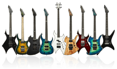 nine electric guitars in a line