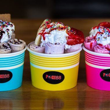 three rolled icecream sundaes